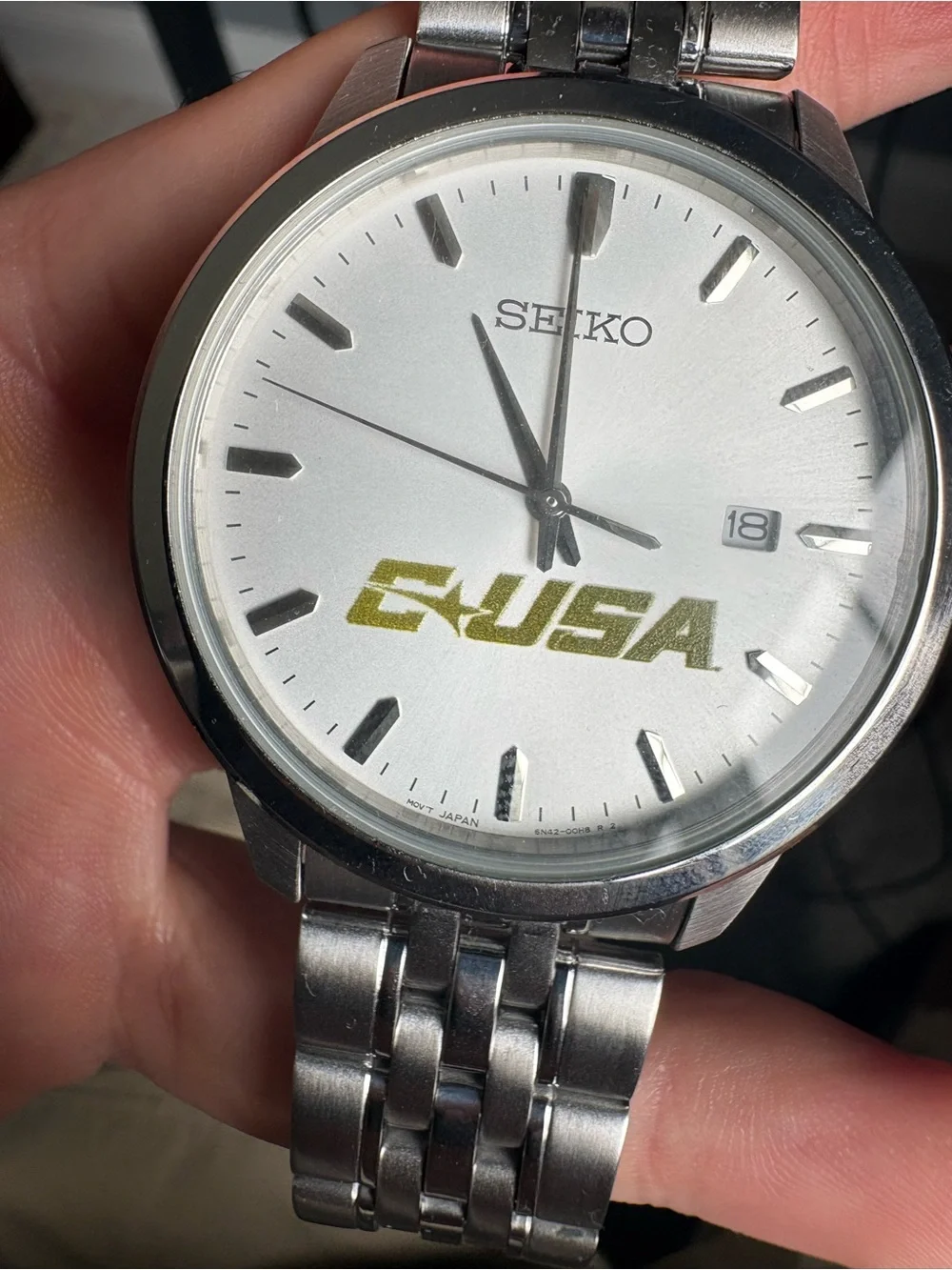 Seiko Silver Stainless Steel Watch with White Dial and green C-USA Logo